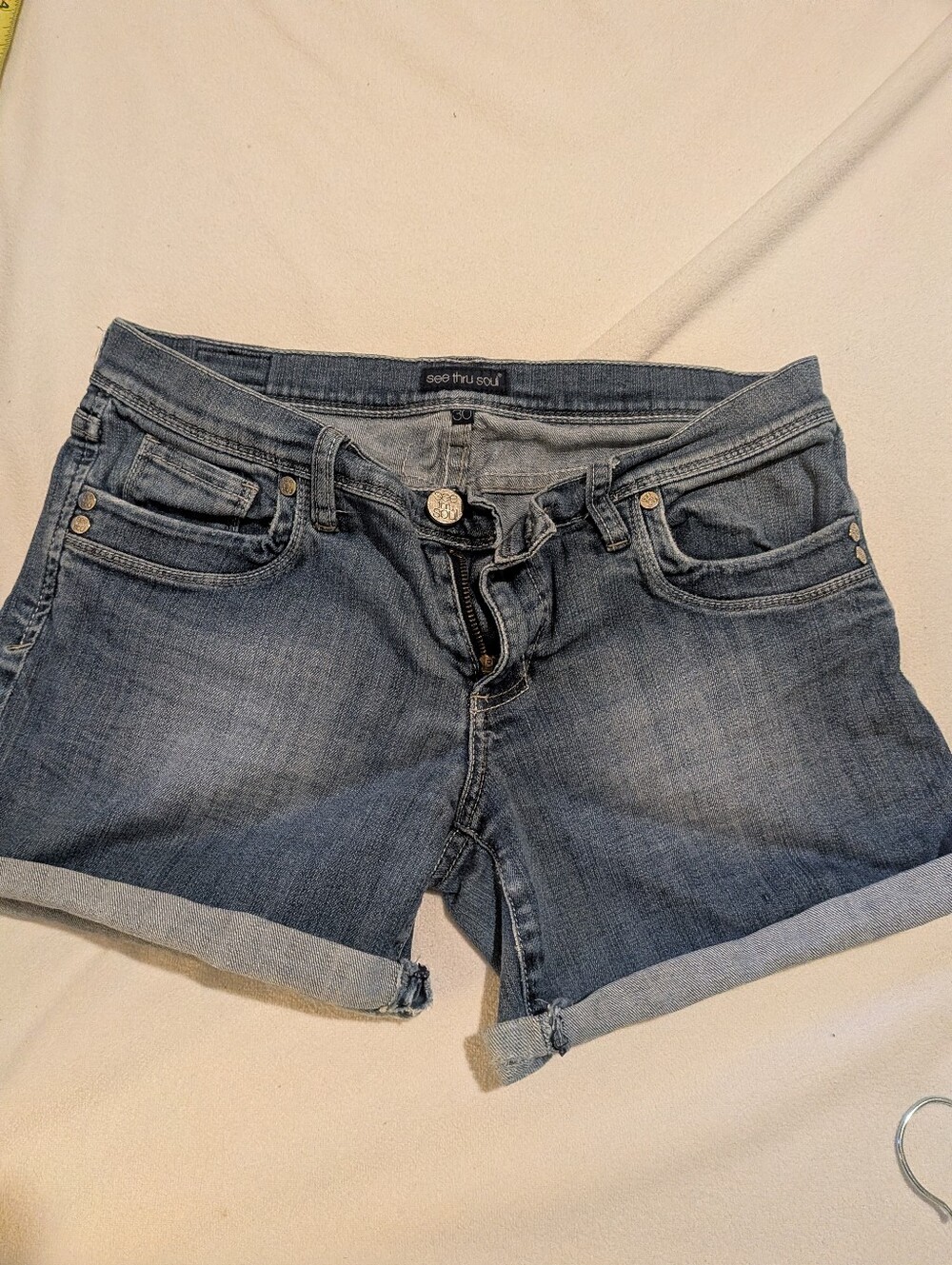 See Thru Soul Washed Blue Denim Cuffed Shorts